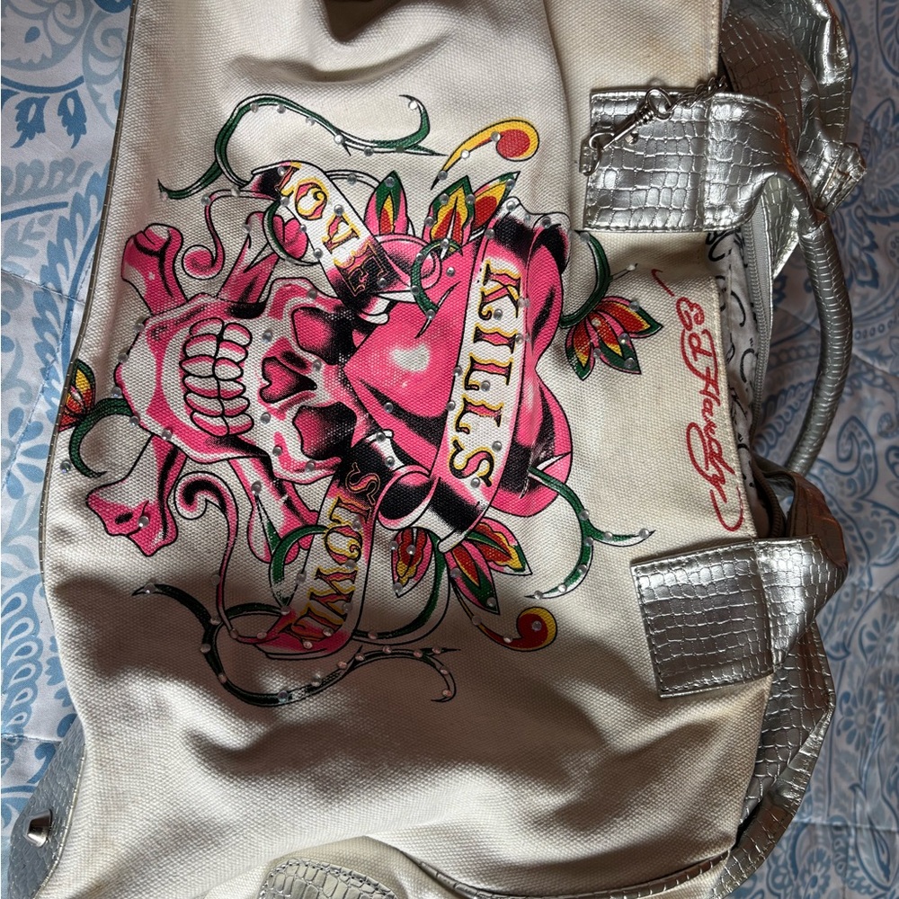 Ed Hardy Pink and Silver Shoulder Bag with Artistic Flair